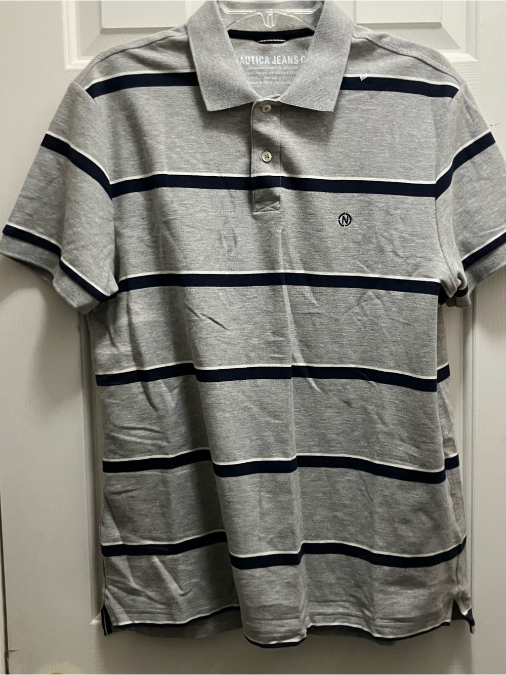 Nautica Jeans Co. Polo Shirt Gray Black Striped Short Sleeve Size L